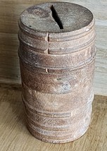 Antique Wooden Treen Barrel Bank Natural Handmade Turned Rustic 3 Inch - $26.99