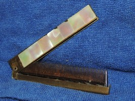 Vintage Hair Comb Mother of Pearl / Abalone &amp; Brass Folding Mechanical W... - $16.19