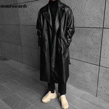 Mauroicardi Spring Autumn Long Black Oversized Leather Trench Coat Men 2023 Drop - $89.00