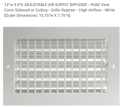 12&quot;w X 6&quot;h ADJUSTABLE AIR SUPPLY DIFFUSER - HVAC Vent Cover Sidewall or ... - $366.83 MXN