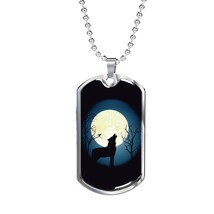 Wolf Pendant Howling At The Moon Stainless Steel or 18k Gold Dog Tag 24&quot;... - $47.45+