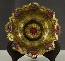 Vintage GOOFUS Pressed GLASS Red Flower Art Deco &amp; Gold Pattern Floral Plate - £16.50 GBP