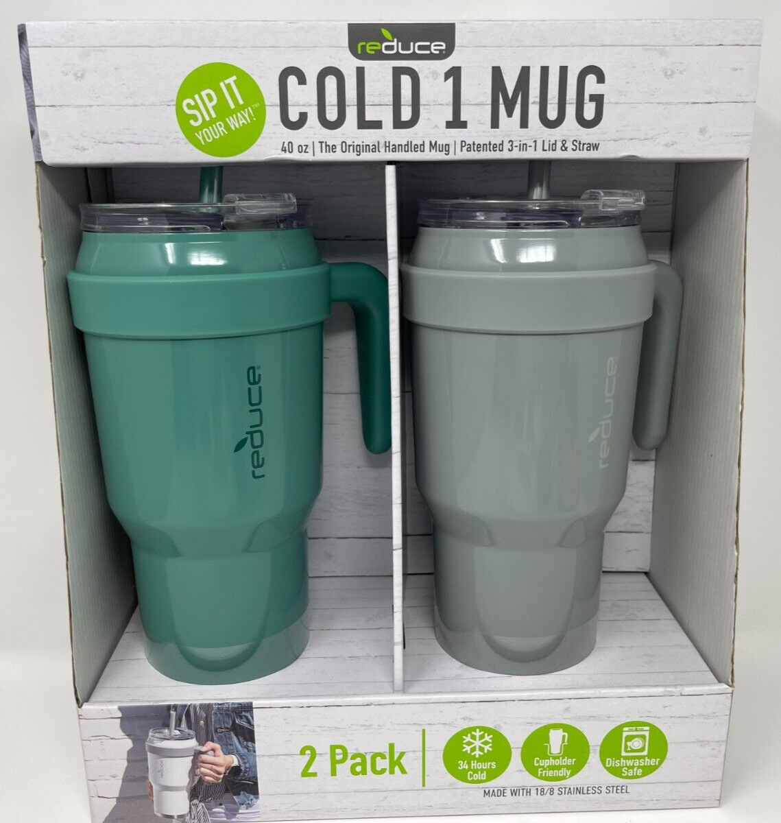 2x Reduce Cold 1 Mug 40oz Stainless Steel Tumbler w Handle 3-in-1 Lid Gr... - $98.99