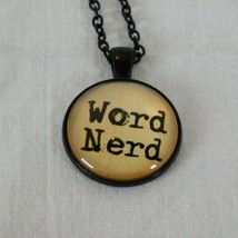 Word Nerd Geek Books Reading Yellowish Black Cabochon Pendant Chain Necklace Rd - $3.00