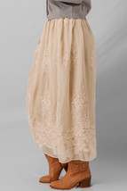 Oatmeal Embroidered Mesh Overlay Flowy Long Skirt - $527.45 MXN
