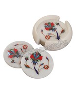 Jameel Handmade White Marble Coasters Set with Semi-Precious Gemstones -... - $215.49