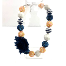 Blue White Chunky Beaded Statement Necklace Fabric Flower 20&quot; 2010&#39;s - £10.58 GBP