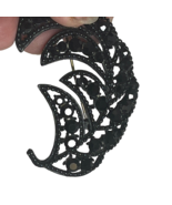 Vintage Weiss Leaf Brooch Pin Japoned Black With Black Rhinestones Large - $23.75