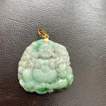 14K Solid Real Gold Natural Jade A 100% Carving Laughing Buddha Pendant Male - £394.90 GBP