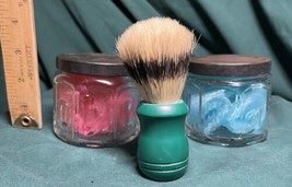 Vintage Barbasol Shaving Cream Glass Jars (2) w/ Metal Lids and 1 Shaving Brush - £11.58 GBP