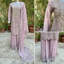Pakistani Light Purpl Straight Style Embroidered Sequins Chiffon Sharara... - £109.16 GBP