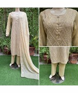 Pakistani Light Beige 3 Pcs Fancy Chiffon Dress with thread embroidery ,M - $1,764.57 MXN