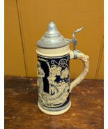 Vtg West German Stoneware Cobalt Blue Salt Glazed Pewter Lidded 9&quot; Beer ... - £22.90 GBP