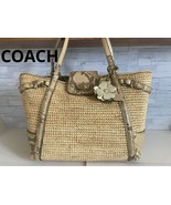 Coach Straw Tote Bag Woven Summer Shoulder Purse Pink Trim Large Logo MB... - $188.79 CAD