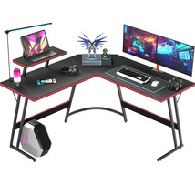 Black Red Carbon Wood L Shaped Corner Desk Laptop CPU Gaming Table Monitor Riser - £133.76 GBP
