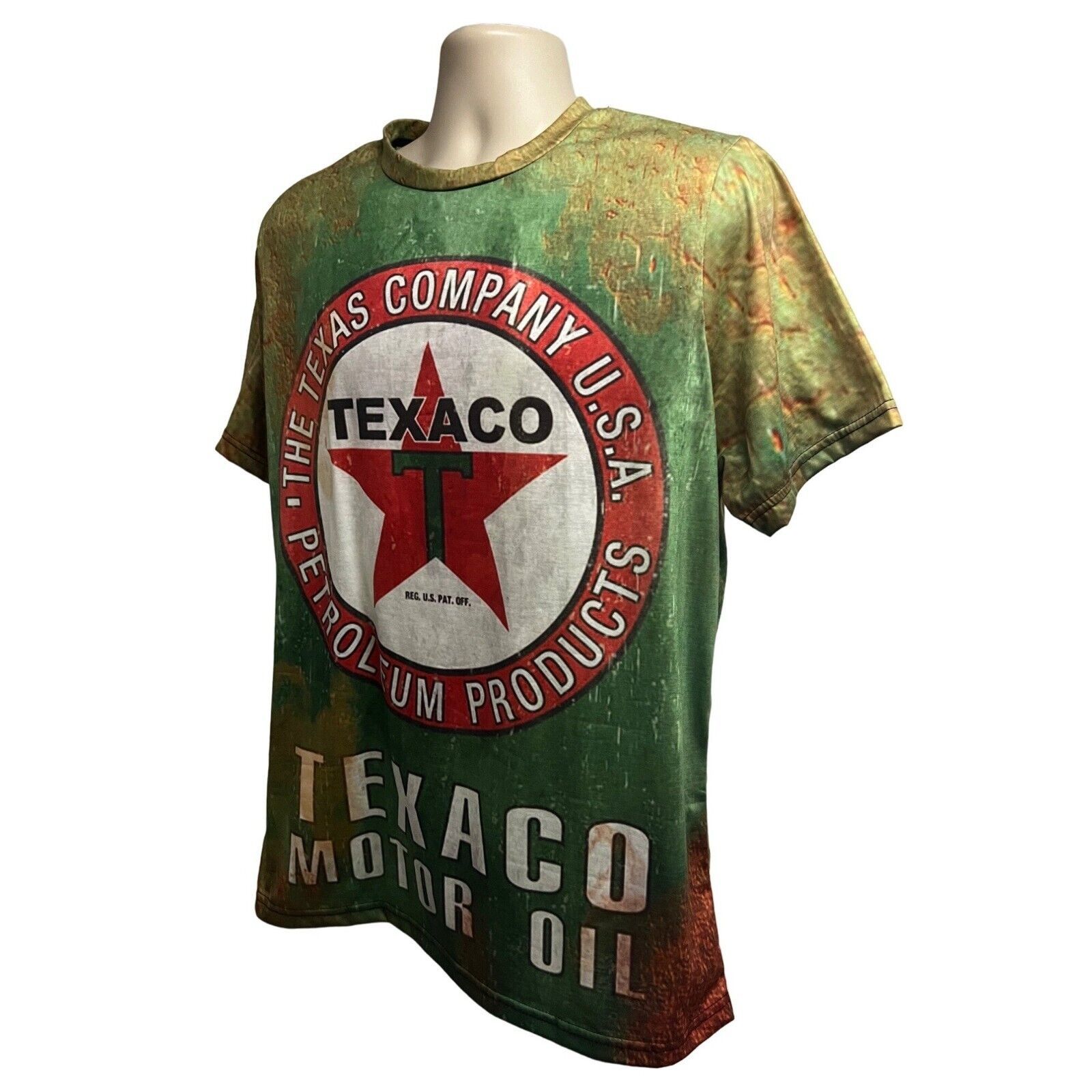 Primary image for Texaco Motor Oil Green Retro Graphic Pullover Shirt All Over Print Large USA