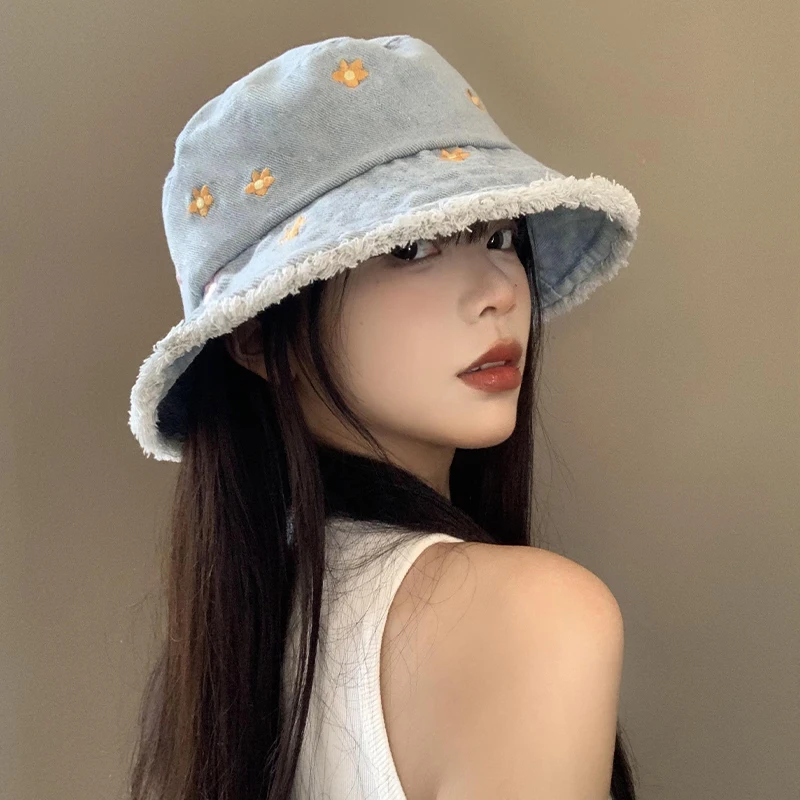 Denim bucket hats women summer outdoor leisure sun protection retro rough edge harajuku thumb200