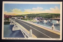 View Of East Clinton Street Bridge Binghamton New York NY Vintage Postcard Linen - £4.50 GBP