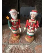 2 Vintage Wood Candleholders santa &amp; mrs claus Heirloom Tradition Mary M... - $34.61 CAD