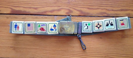 Vintage Cub Scout Belt with 8 Activity Badges Slides Brass Buckle 28&quot; Long - £19.61 GBP