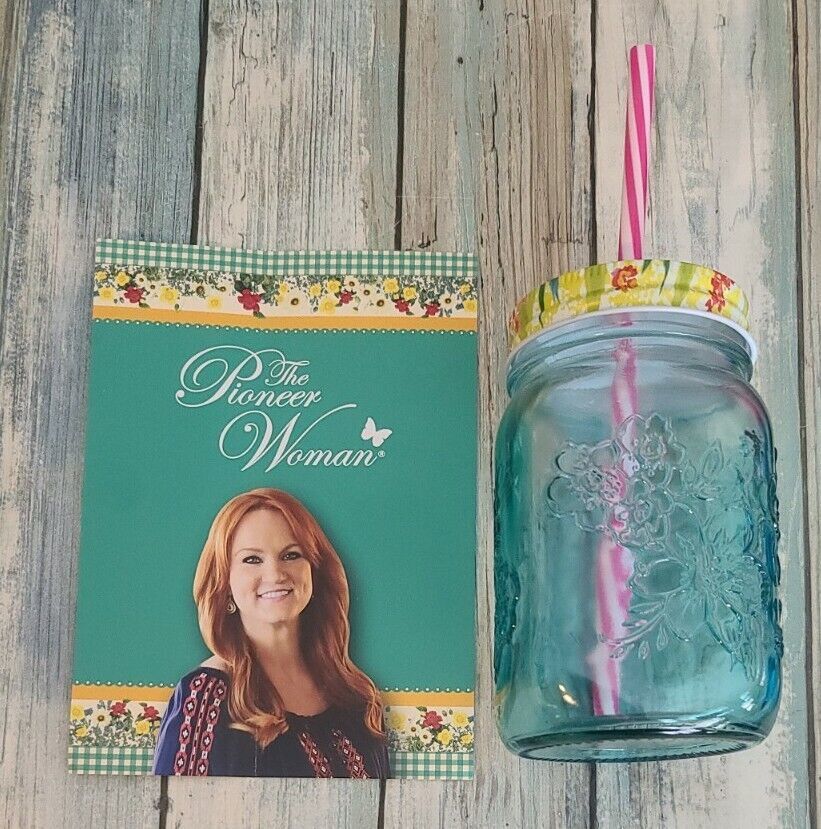 The Pioneer Woman ~ Sunny Days ~ 16 oz Mason Jar Glass ~ Lid & Straw ~ Teal - $22.44