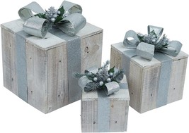 3-Piece Silver Wooden Gift Box Christmas Decoration From Alpine Corporation Has - £61.67 GBP