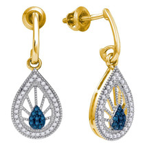 10k Yellow Gold Round Blue Color Enhanced Diamond Teardrop Dangle Earrings - £287.85 GBP