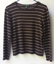 Lauren Ralph Lauren Shirt Knit Women&#39;s Petite Large Brown/White Stripes Cotton - £11.71 GBP