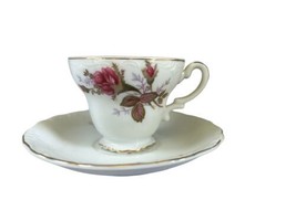 Tuscan Demitasse Tea Cup &amp; Saucer Set Pink Rose Pattern Bone China - $10.84