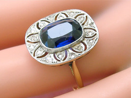 Antique Art Deco .16ctw Rose Diamond 3.80ct Cushion Sapphire Cocktail Ring 1930 - £1,189.93 GBP