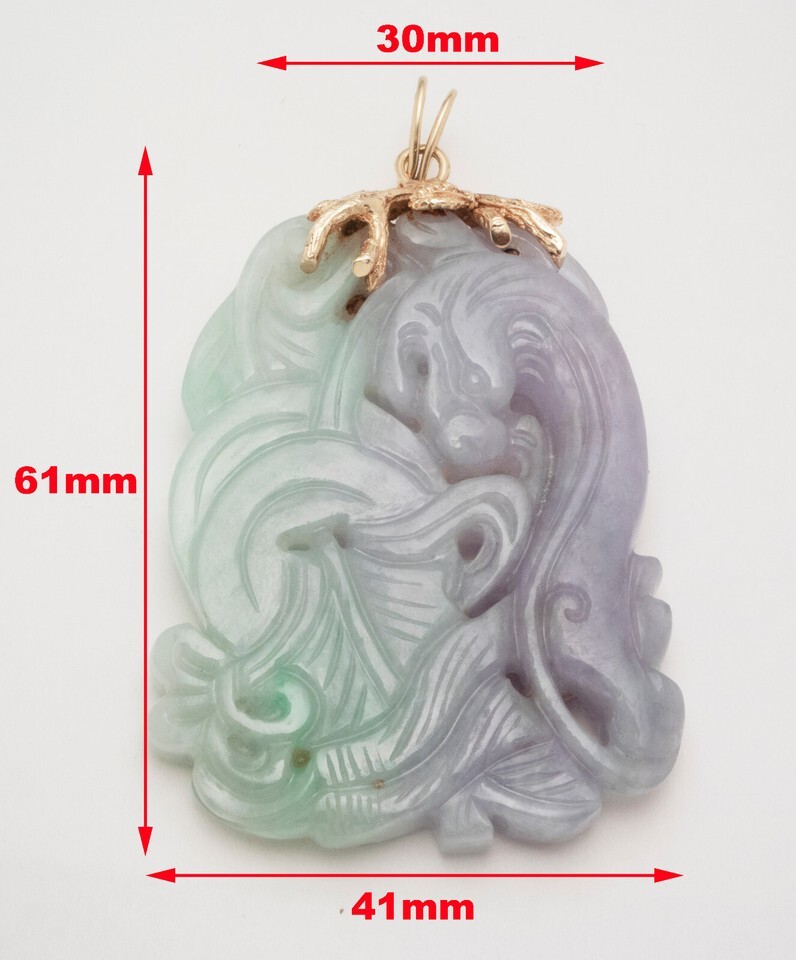 LARGE 45g CARVED JADE 14K GOLD PENDANT LAVENDER GREEN  NECKLACE 2.75” MINT Item image 6