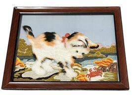 Vintage Fuzzy Art Kitty Cat Googly Eyes Framed Japanese Bunka Embroidered - $109.40