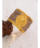 Vintage Gold Cuff Bracelet for Women with Sun Medallion and Textured Lea... - $33.95