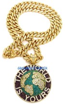 The World Is Yours Pendant with 24 Inch Cuban Link Crystal Rhinestone Necklace - £68.68 GBP