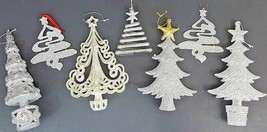 Shimmery Silver Glittered Christmas Tree Tree Ornaments 3&quot; To 6&quot; Set Of 7 - £12.26 GBP