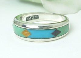 Southwestern Sterling Channel Turquoise Inlay Band Ring Size 7 - $54.00