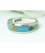 Southwestern Sterling Channel Turquoise Inlay Band Ring Size 7 - £42.46 GBP