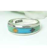 Southwestern Sterling Channel Turquoise Inlay Band Ring Size 7 - €46,57 EUR