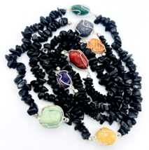 Beaded Black Onyx Chip Wire Wrapped Gemstone Necklace 38 in - £21.80 GBP