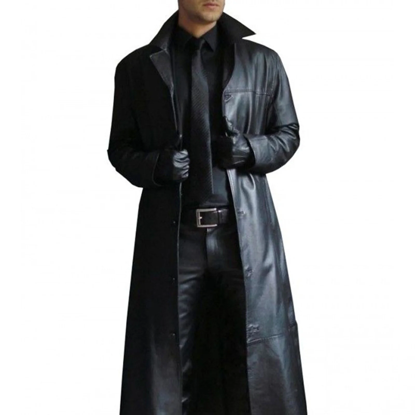 Trench Men&#39;s Leather Coat Vintage British Style Windbreaker Handsome Solid Color - £549.27 GBP