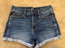 HOLLISTER womens jrs blue jean denim mini shorts sz 24 0 frayed cuffs da... - £7.56 GBP