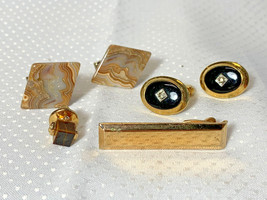 Cufflink &amp; Tie Clip Bar Set Clear Stone Oval Swirled Stone Square Mens  ... - £23.93 GBP