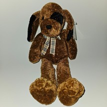 VTG 1988 Chrisha Playful Plush Brown Puppy Dog 15&quot; Stuffed Toy Plaid Bow w/TAG - £63.42 GBP