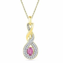 0.45ctw Lab Created Pink Sapphire &amp; Natural Diamond Oval Shape Pendant Necklace - £173.30 GBP