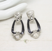 Stylish Vintage Black Enamel and Crystal Silver Drop Clip On EARRINGS Jewellery - £14.43 GBP