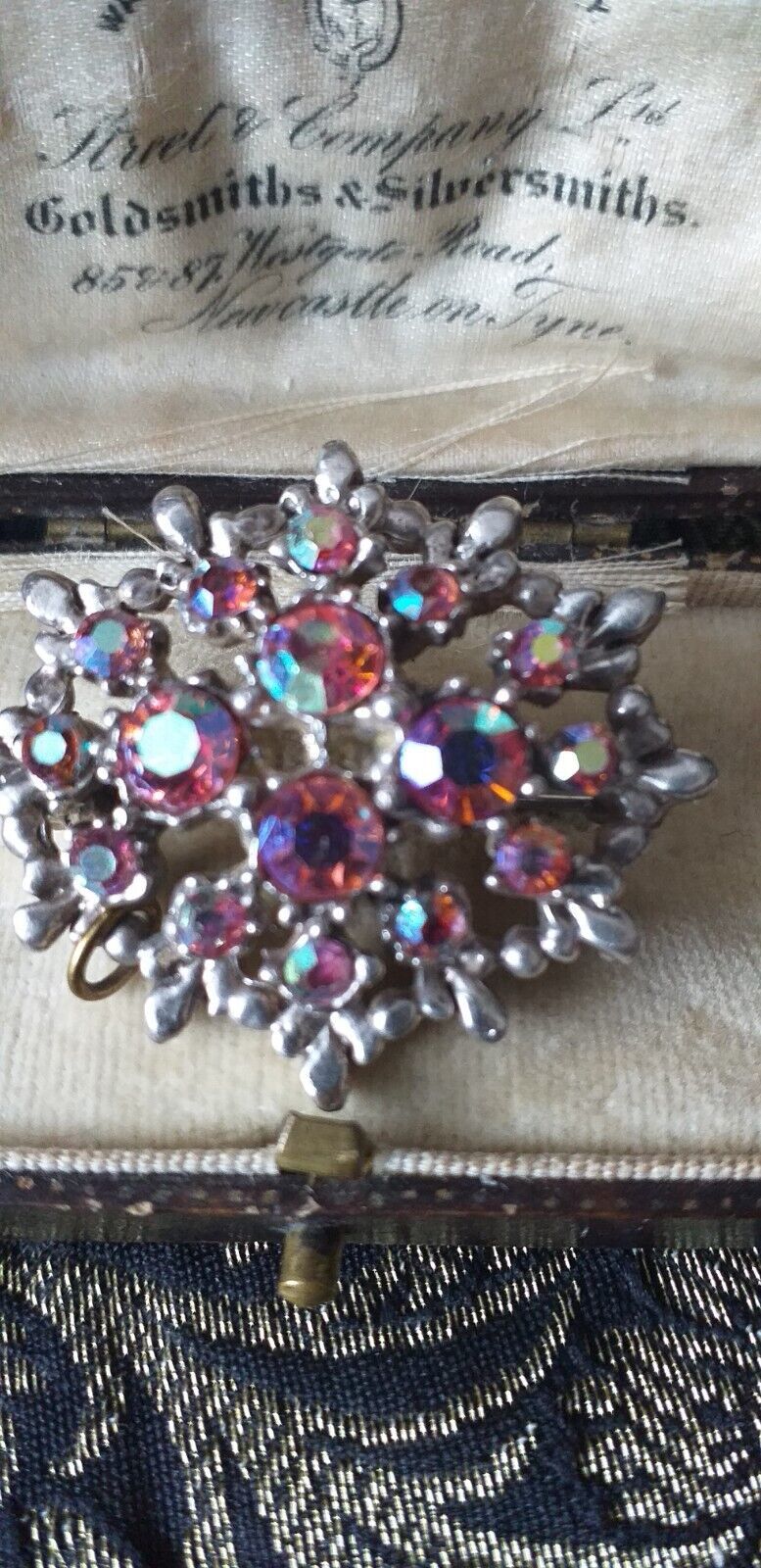 VINTAGE 1990-s Oval Silvertone Pink Aurora Borealis Rhinestone Cluster B... - $24.75
