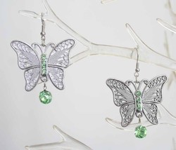 Elegant Light Green Rhinestone Silver-tone Filigree Butterfly Pierced Ea... - $12.30