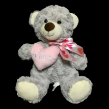 Hugfun Valentine Gift for Her Stuffed Plush Teddy Bear 15in Grey Soft Pink Heart - £18.05 GBP