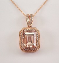 1.80 Ct Emerald Cut Peach Morganite Lab-Created Halo Pendant 14K Rose Gold Over - £107.11 GBP