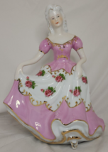 Porcelain Figurine Woman in Dress Musical Pink Gold 11&quot; Floral Decor Piece Music - £31.13 GBP